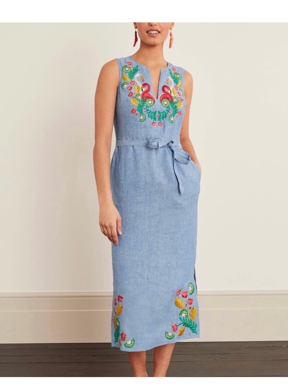 Boden Cora Sleeveless Embroidered Linen Chambray Midi Dress Tropical Flamingo 6